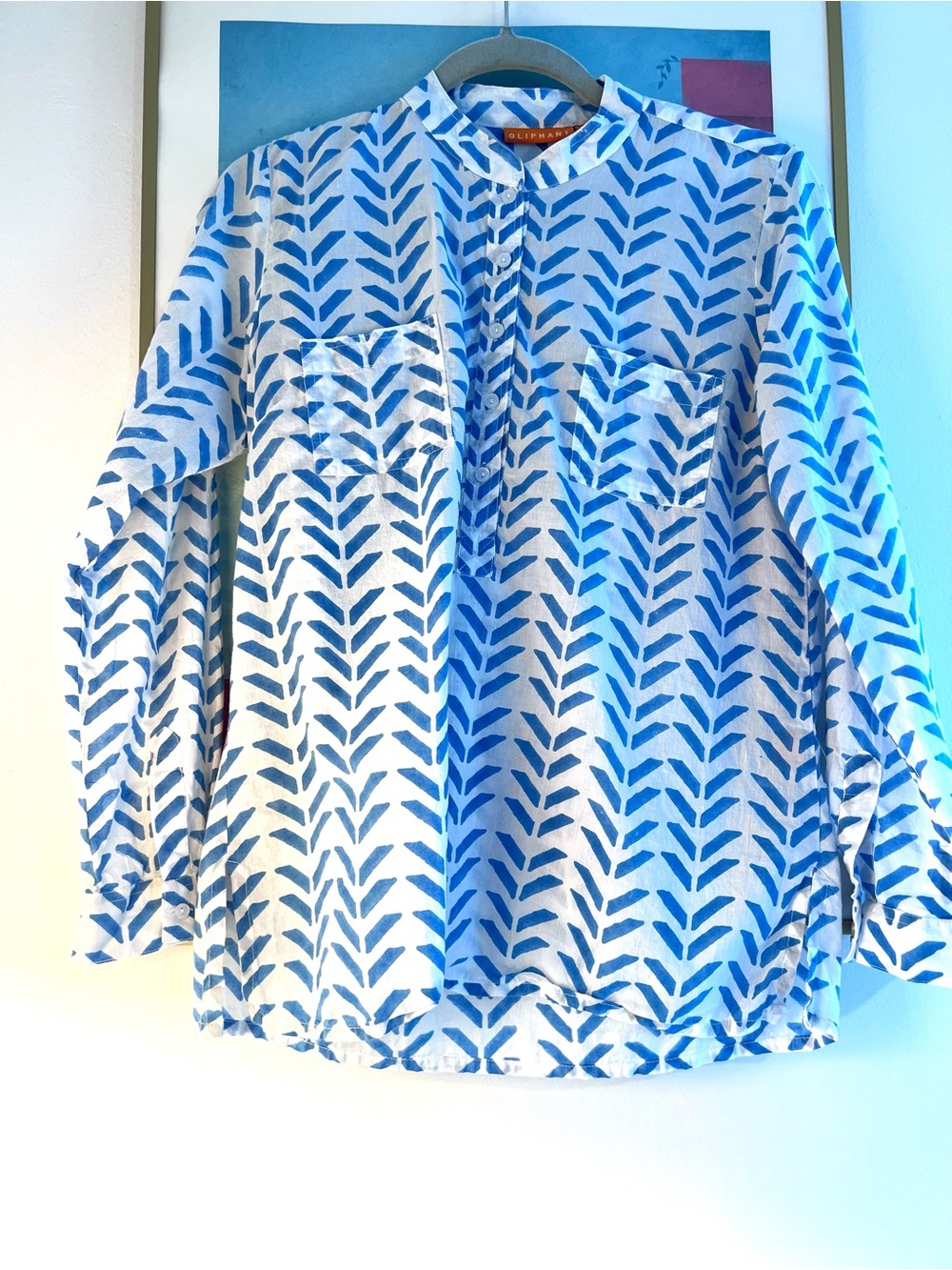 Oliphant Blue & White Chevron Block Print Cotton Tunic Blouse - Size S